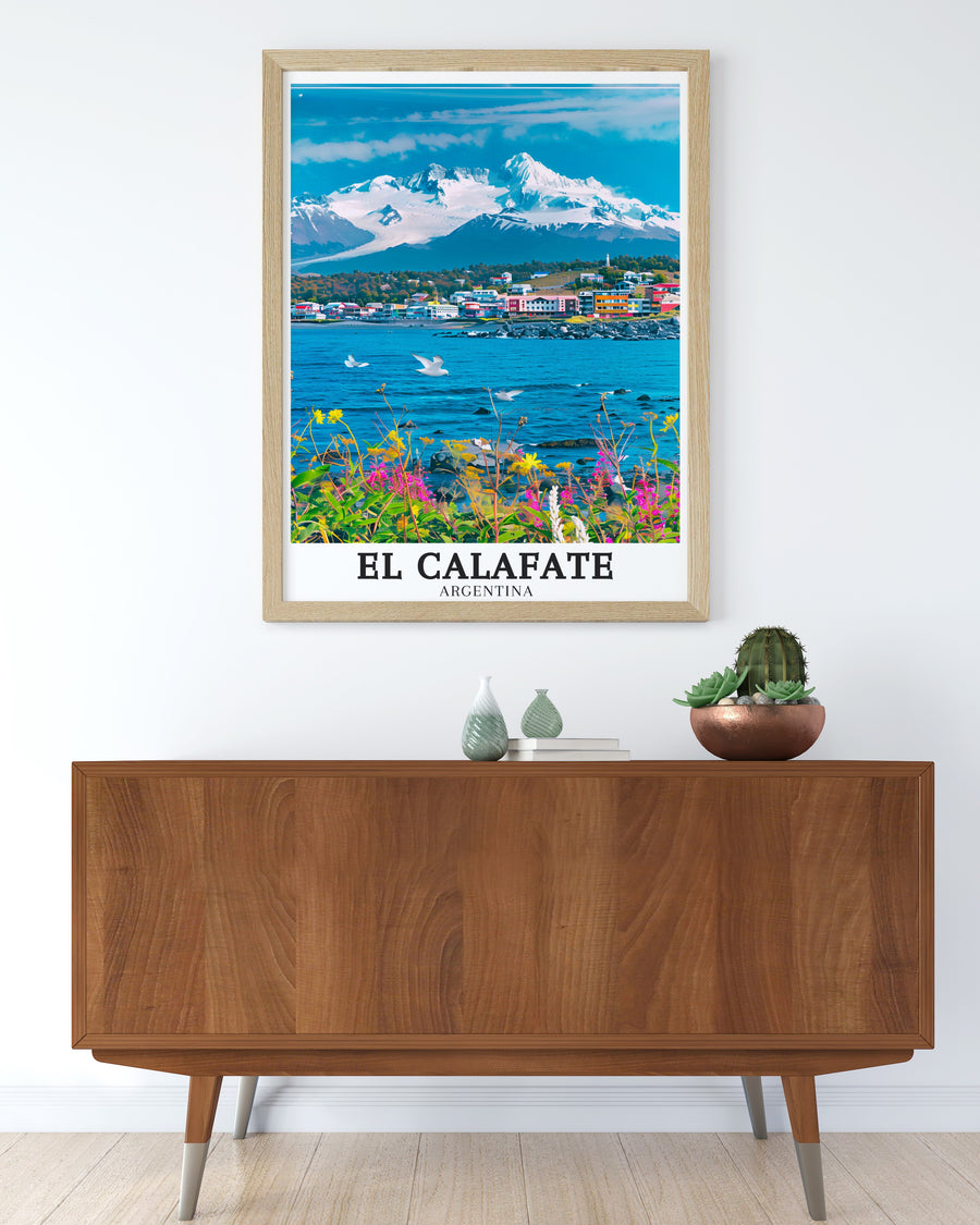 Celebrate the beauty of Patagonia with this El Calafate travel print. Perfect for travelers, this art piece captures the spirit of Argentinas incredible natural landscape, bringing the adventure and serenity of El Calafate right into your home. Ideal for any wall décor or art collection.
