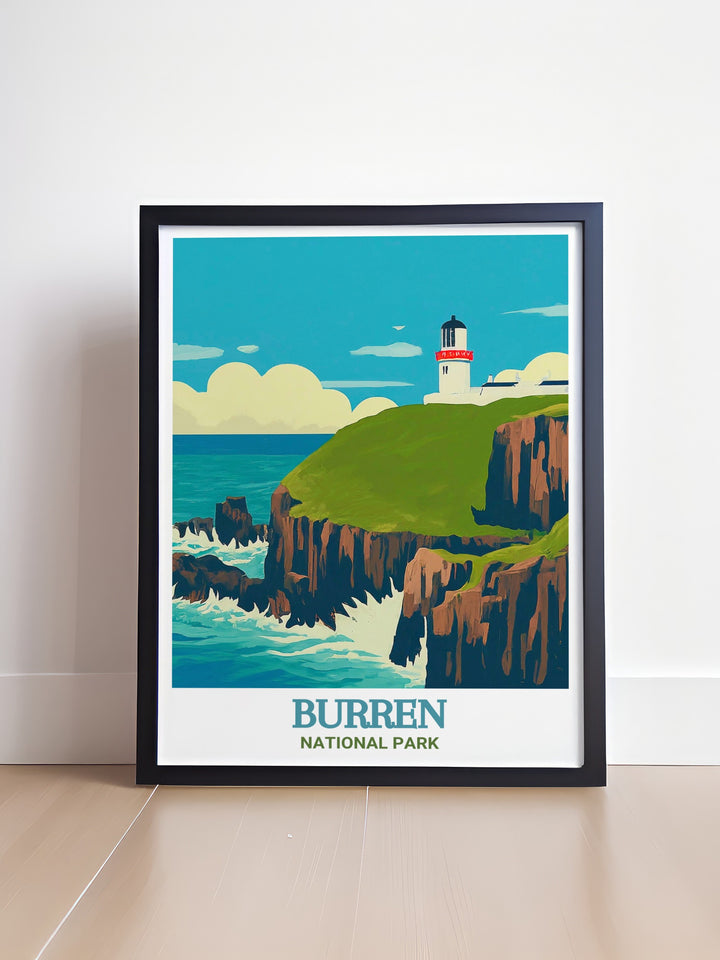 A beautifully detailed poster of Burren National Park, capturing the unique limestone terrain and the vibrant flora of this Irish landscape. Ideal for nature lovers and those who appreciate the rugged beauty of Irelands wild spaces.