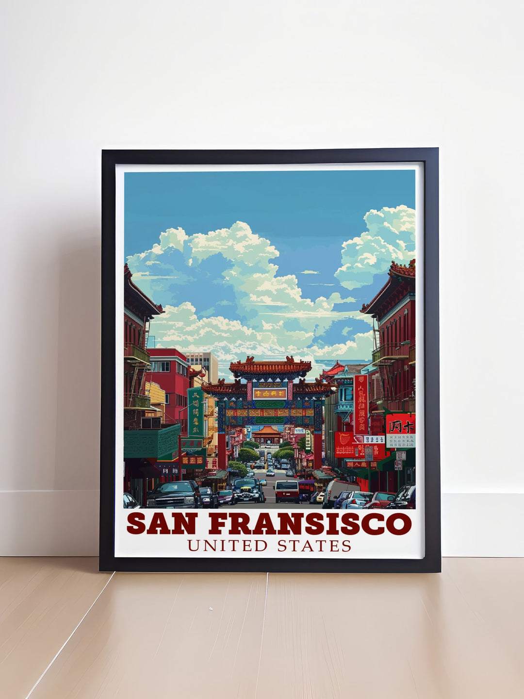 USA travel print featuring the Golden Gate Bridge and Dragons Gate showcases the stunning landmarks of San Francisco making it a perfect piece for modern art enthusiasts