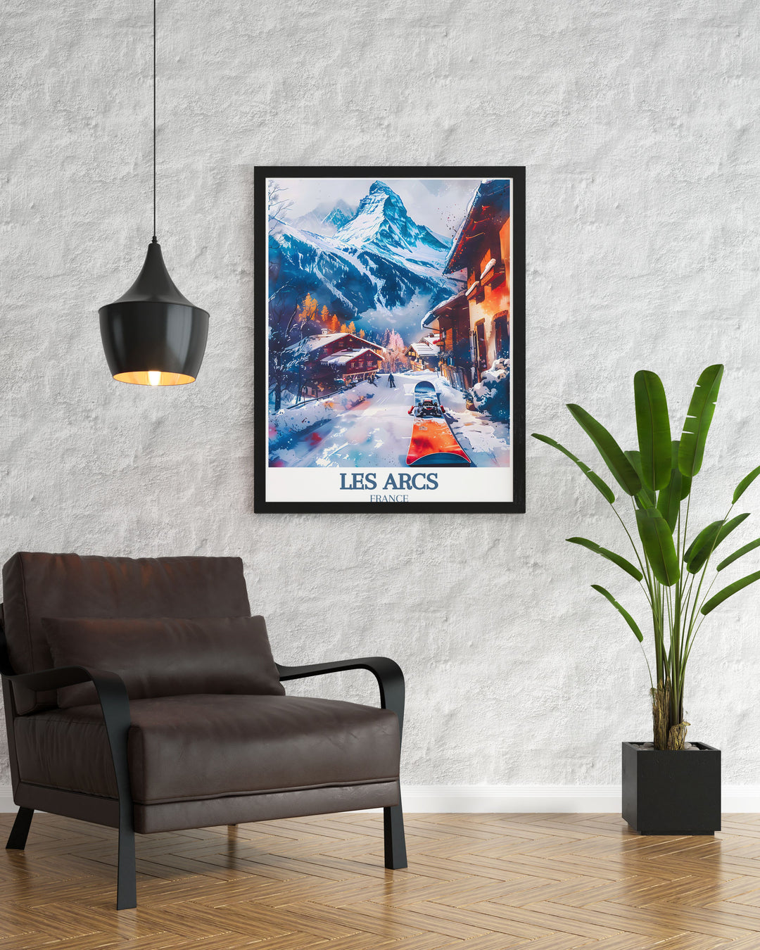 Vintage Ski Print showcasing the nostalgic beauty of Paradiski ski area Les Arcs Ski resort Mont Blanc blending retro charm with modern style ideal for any vintage ski and snowboarding art lover