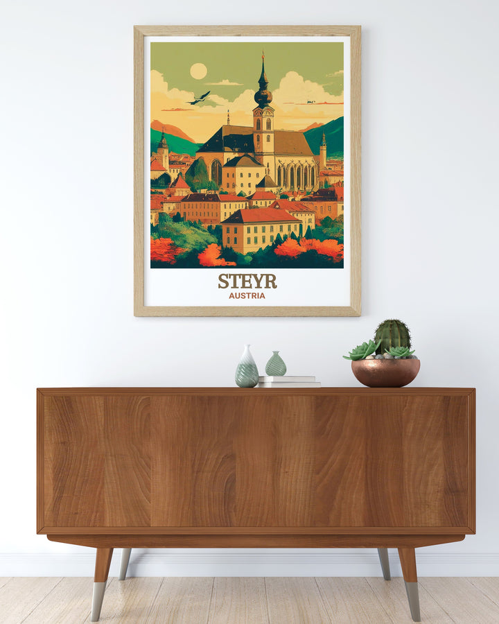 This custom print of Stadtpfarrkirche in Steyr captures the intricate details of one of Austrias most beautiful churches. The artwork offers a timeless piece of Austria wall art that blends history with modern home decor aesthetics.