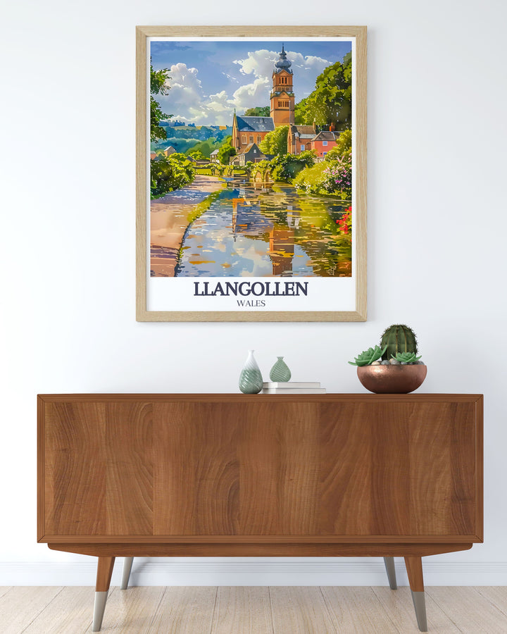 Celebrate the scenic landscapes of Wales with this vibrant wall art featuring the River Dee Llangollen Canal and Llangollen Methodist Church. Perfect for any home decor this print highlights the natural and architectural beauty of Llangollen in stunning detail.