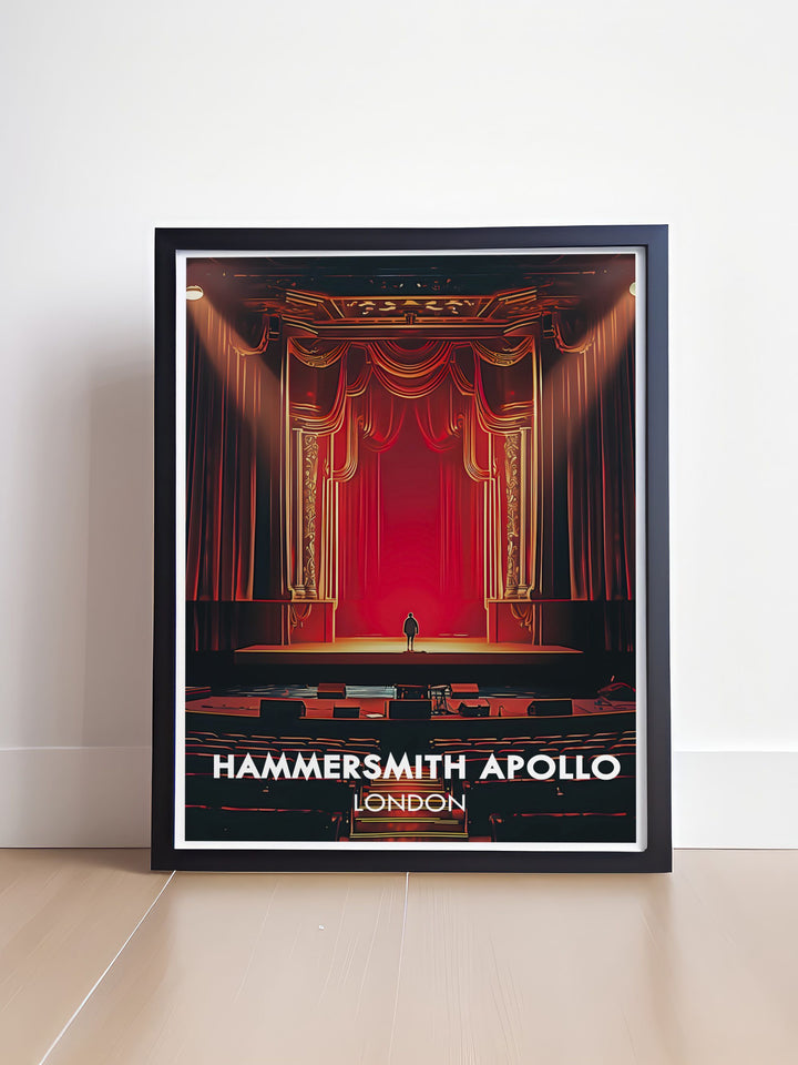 The Art Deco elegance of Hammersmith Apollo is highlighted in this travel poster, bringing a piece of Londons musical history into your living space.