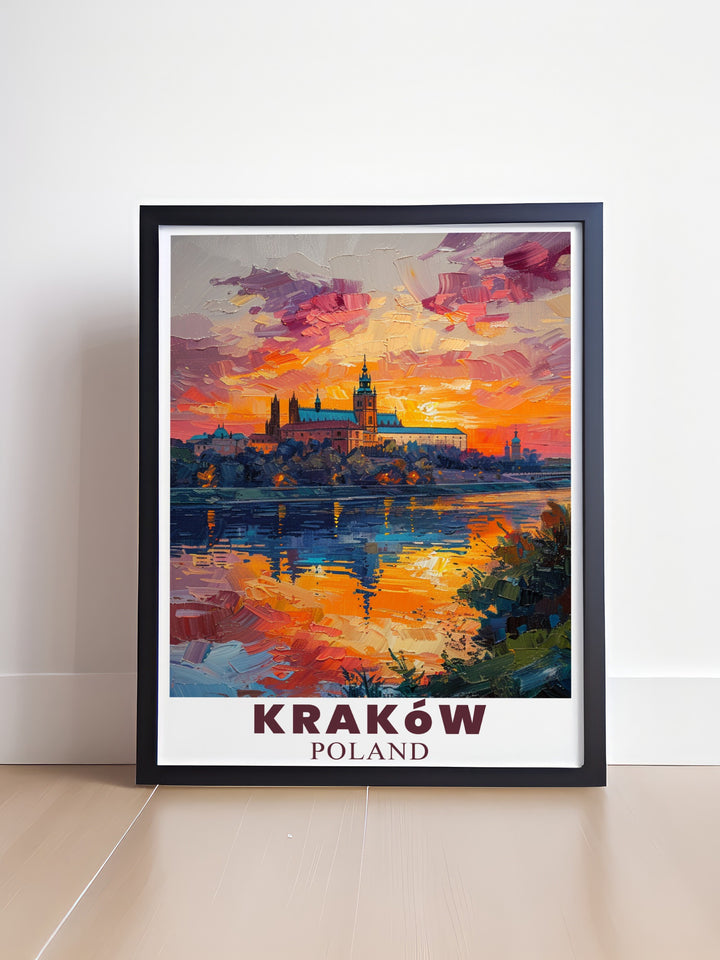 This Krakow poster print beautifully showcases Wawel Castle, one of Polands most iconic landmarks. Perfect for those who appreciate European architecture and history, this travel art captures the elegance of Krakows historic charm.