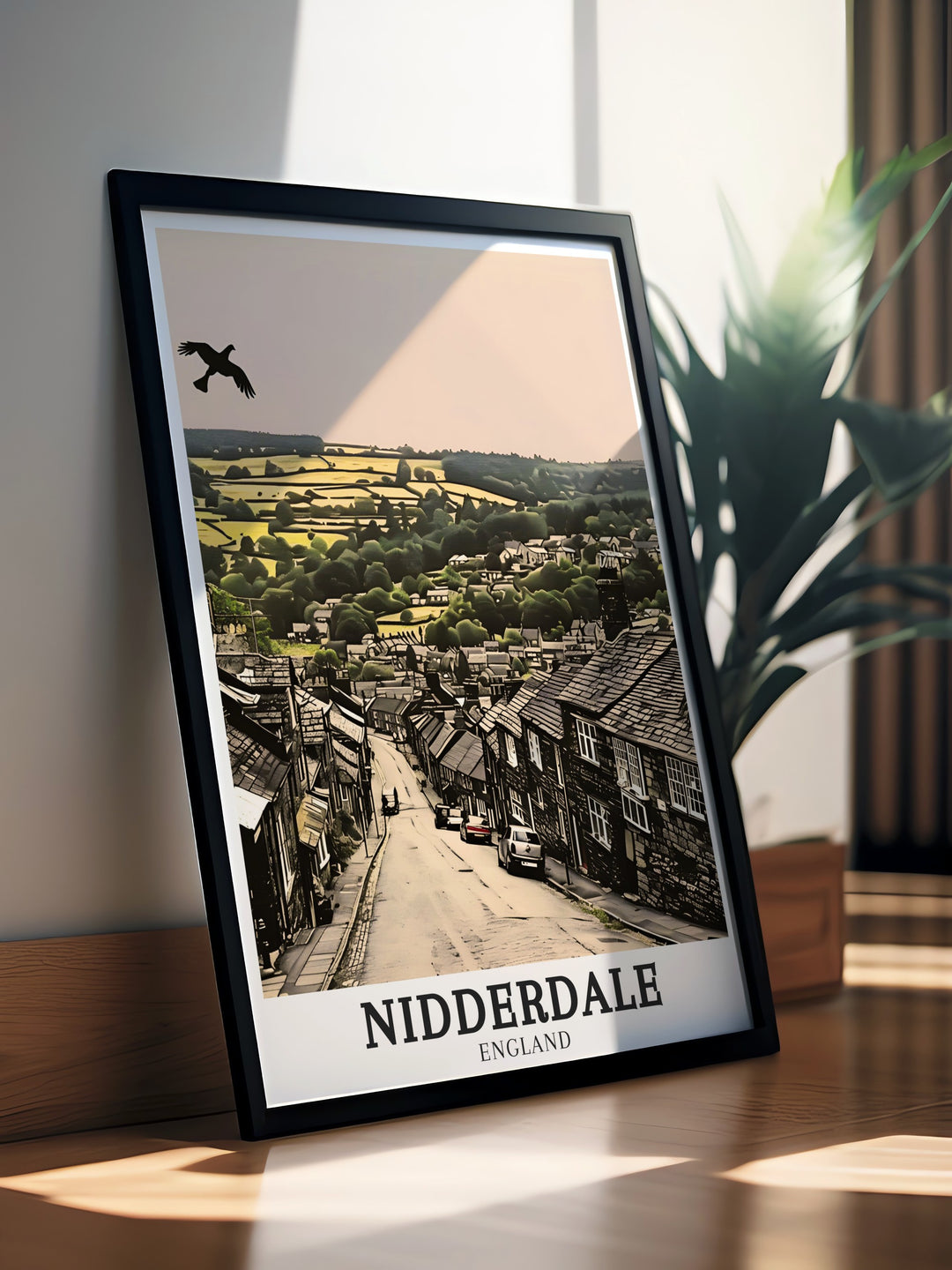 Nidderdale travel poster highlights the timeless charm of the British countryside with views of Pateley Bridge and the surrounding Nidderdale AONB. This framed art brings the tranquility of the Yorkshire Dales into any home decor.