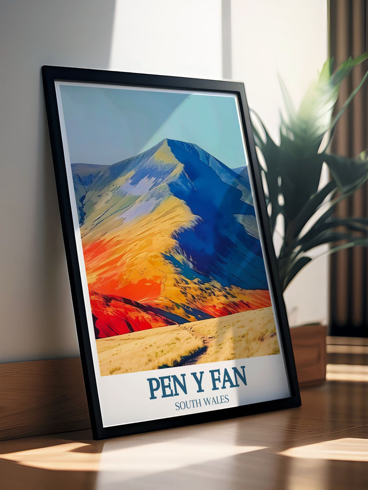 Vintage Brecon Beacons print depicting the rugged terrain of Pen Y Fan Mountain. This National Park poster is a great gift idea for hikers and outdoor enthusiasts who admire the natural beauty of South Wales.