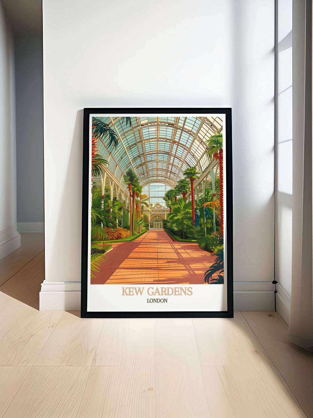 Capturing the grandeur of the Temperate House, this travel poster brings the stunning Victorian architecture and diverse plant collections of Kew Gardens into your home decor. Perfect for horticulture enthusiasts and lovers of elegant architecture.