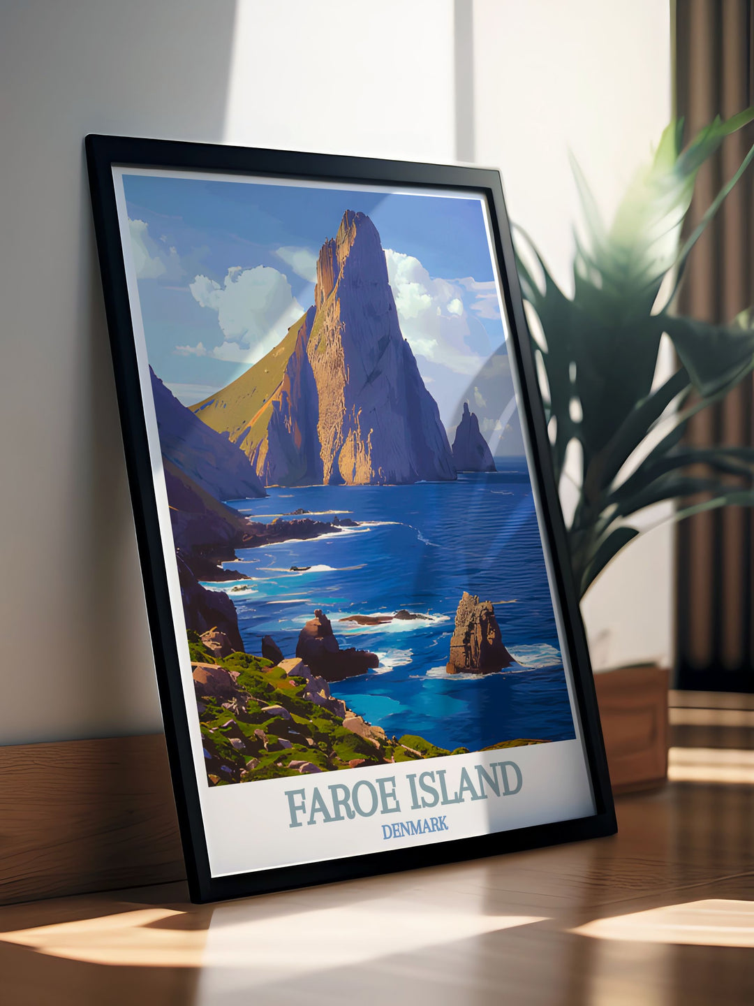 This Faroe Islands travel poster features the stunning Tindhólmur and its picturesque surroundings, making it an ideal piece for those who love exploring Denmarks natural landscapes.