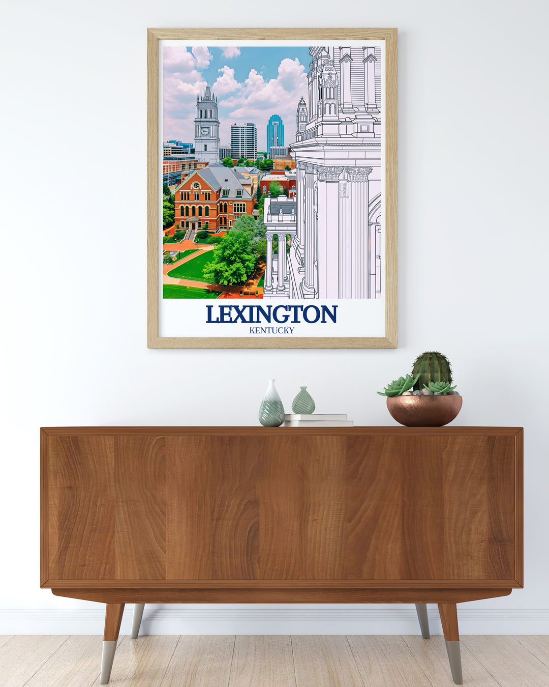 Detailed Lexington city map art capturing the streets and landmarks including Transylvania University and the Lexington skyline