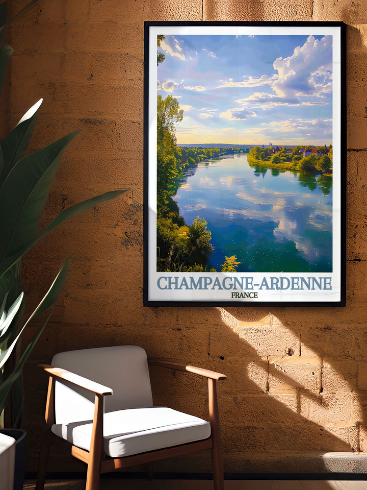 Marne River wall art showcasing the peaceful riverbanks and verdant hillsides of Champagne Ardenne. This France travel print is perfect for any occasion, offering a glimpse into the heart of France and making it a thoughtful gift for loved ones.