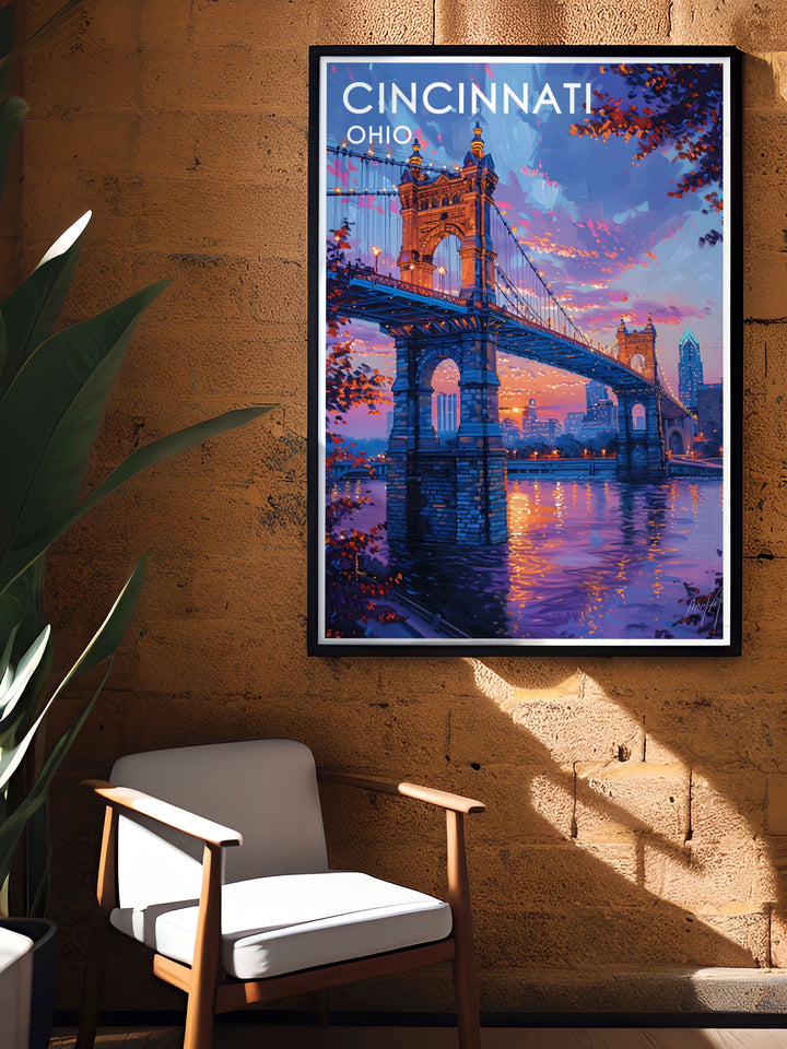 A stunning Cincinnati poster print featuring the Roebling Suspension Bridge and the Cincinnati skyline. This travel print captures the beauty of Ohios architectural landmarks, making it a perfect addition to any home décor or a thoughtful Cincinnati gift.