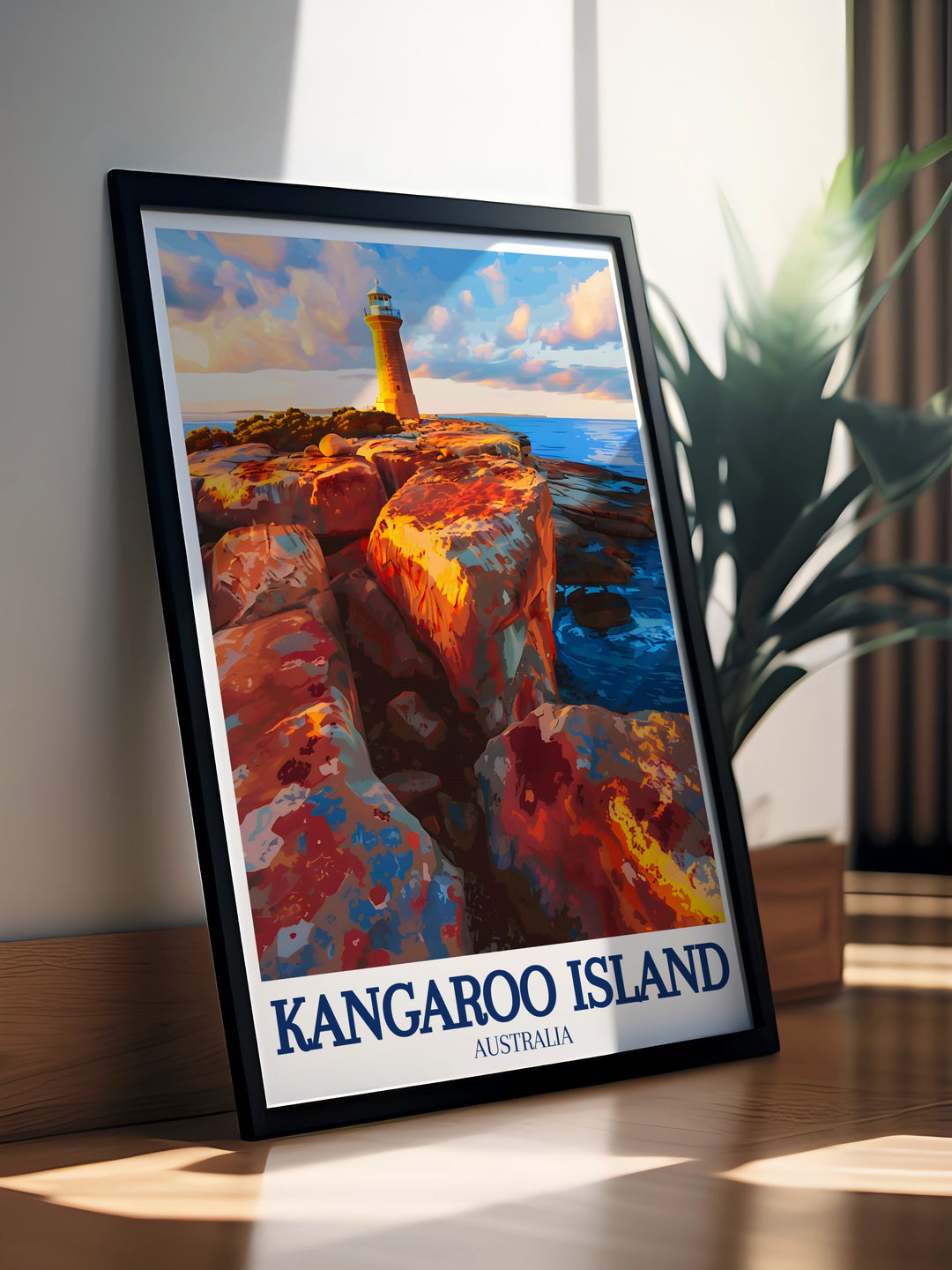 Highlight the natural wonders of Kangaroo Island with this poster print, featuring the striking Remarkable Rocks and the timeless Cape du Couedic Lighthouse, ideal for any nature inspired décor.