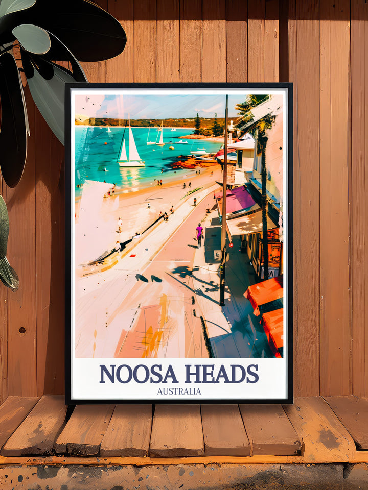 Noosa Heads Art Print highlighting the famous Laguna Bay and Hastings Street, a popular destination for beach lovers and travelers. This artwork features a vivid portrayal of the areas charm, ideal for adding a pop of color and relaxation to your space.