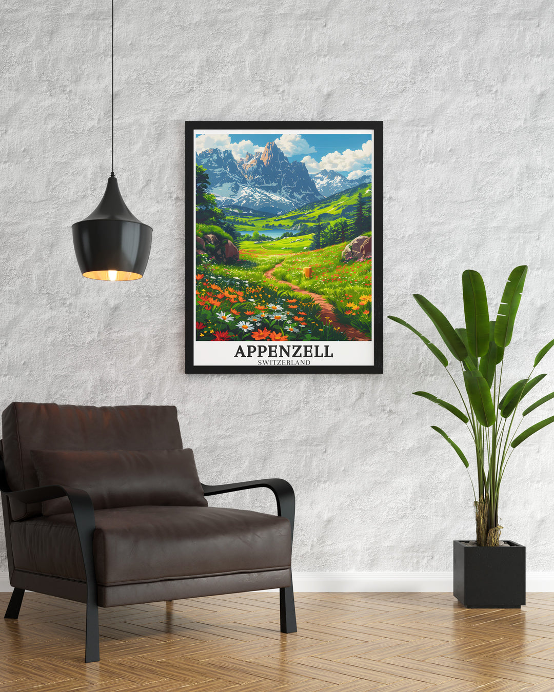 Alpstein wall print capturing the rugged beauty of this famous mountain range. The detailed artwork brings the majestic peaks of the Swiss Alps into your living space, perfect for any room.