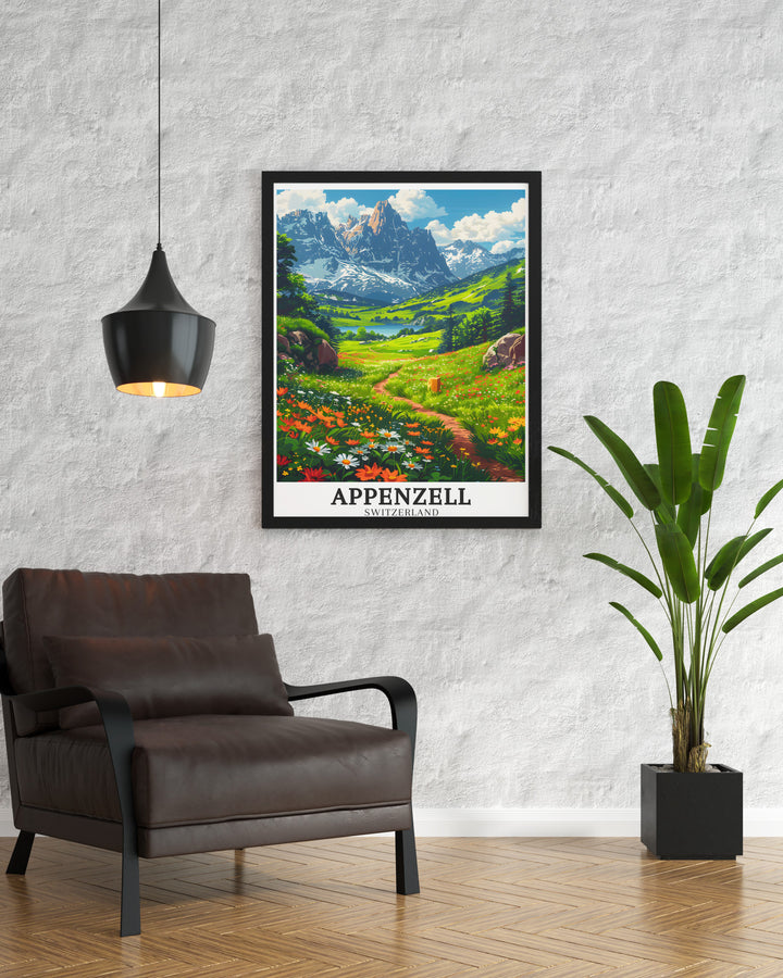 Alpstein wall print capturing the rugged beauty of this famous mountain range. The detailed artwork brings the majestic peaks of the Swiss Alps into your living space, perfect for any room.