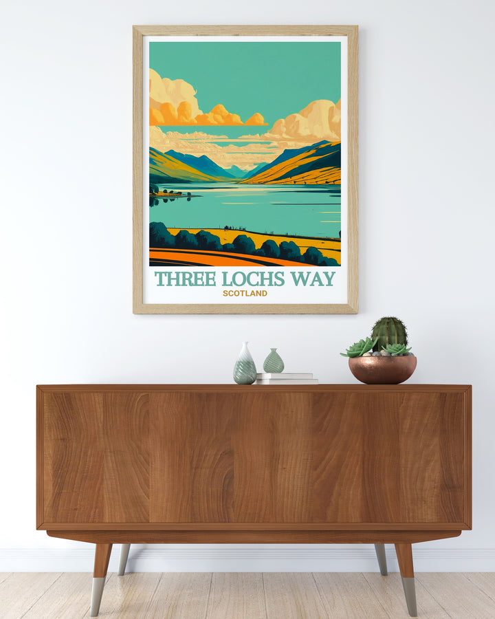 Capture the essence of Scotlands natural beauty with this Three Lochs Way poster, featuring Loch Long and the surrounding landscape. This canvas art is ideal for those who love the outdoors, offering a stunning tribute to Scotlands hiking trails.