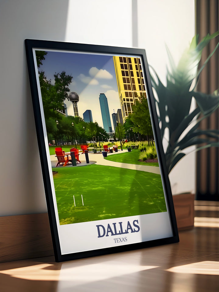 Dallas travel poster featuring the city skyline and Klyde Warren Park in a contemporary style This wall art is ideal for Texas home decor or as a gift for Dallas lovers who want to bring the citys energy into their living room or office