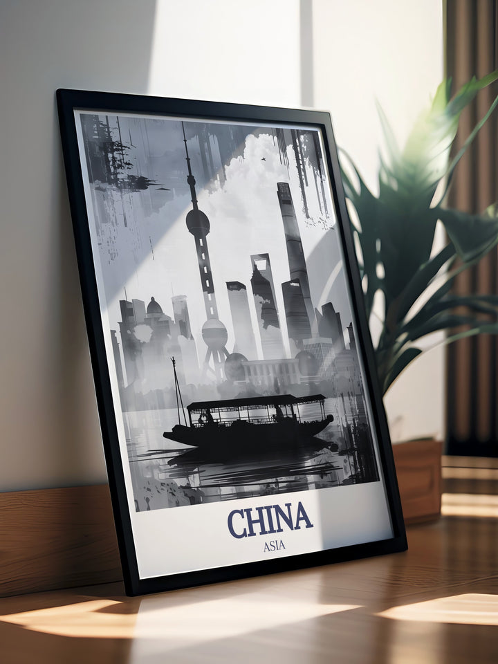 Shanghais skyline is brought to life in this travel poster, highlighting the Oriental Pearl Tower and the Shanghai Tower. The modern design and intricate details make this artwork perfect for those who love exploring global cities. Its an ideal gift for travelers, urban enthusiasts, or anyone looking to bring the beauty of Shanghai into their home decor.