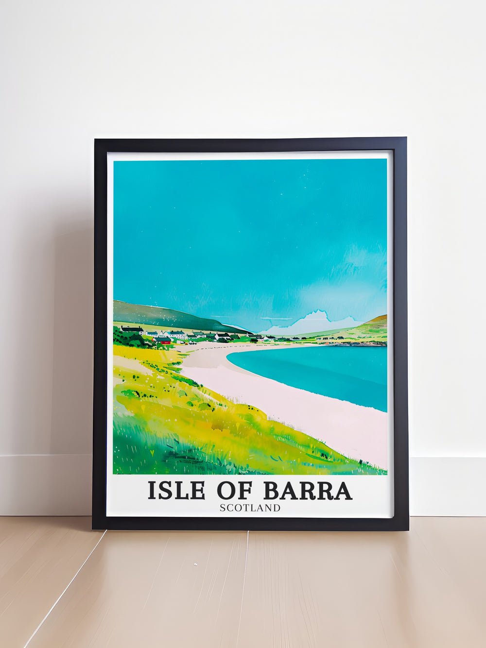 Traigh Mhor Beach, known for its wide open spaces and tranquil waters, is brought to life in this travel print from the Isle of Barra. This canvas art offers a glimpse into Scotlands untouched landscapes, making it a perfect piece for those who love coastal beauty and peaceful environments.