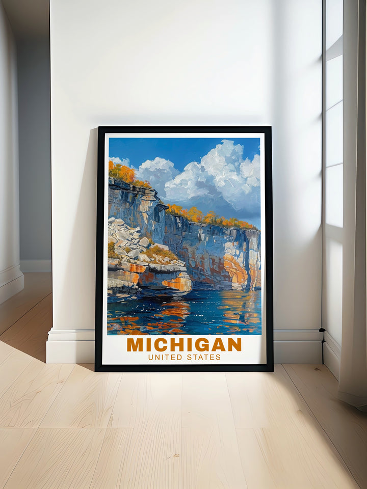 Featuring Pictured Rocks and Leelanau, this Michigan wall art offers a bright and colorful depiction of Michigans breathtaking landscapes. The vintage inspired travel print is perfect for any room, adding character and a touch of nostalgia to your home décor.