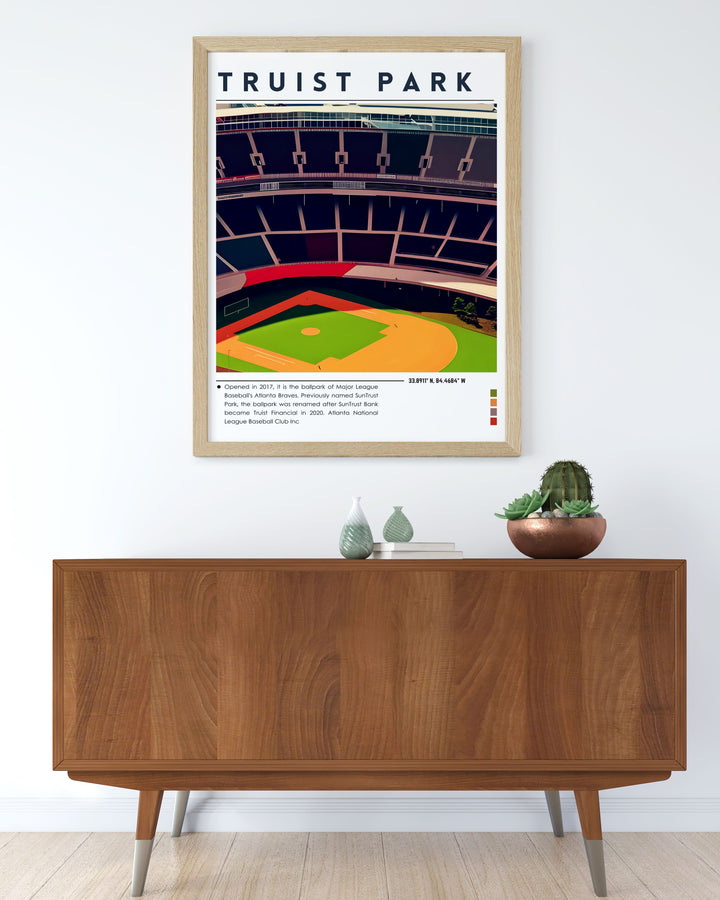 Braves wall art highlighting Truist Parks skyline a must have for fans this art print combines detailed illustrations and bold colors to celebrate the Braves home ground an ideal piece for any room to show your love for the team and its legendary stadium