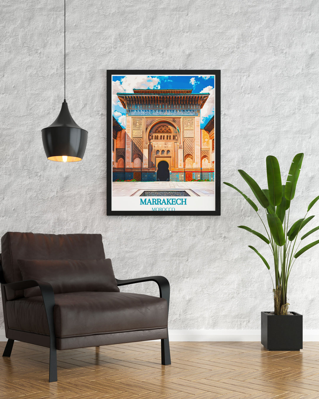 This detailed poster of Marrakech illustrates the citys bustling souks and historic sites, making it an excellent addition to any art collection celebrating Moroccan culture.