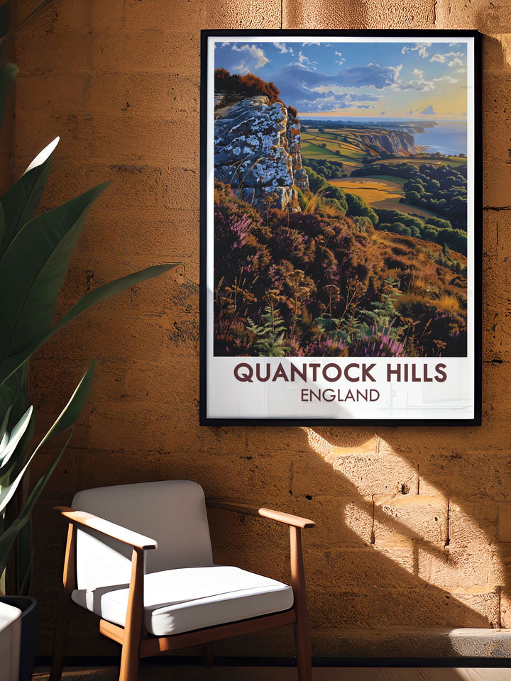 Wills Neck print featuring the tranquil landscapes of Quantock Hills AONB and Somerset AONB an ideal piece of wall art for nature enthusiasts and travel lovers who appreciate the beauty of the Bristol Channel and The Quantocks.