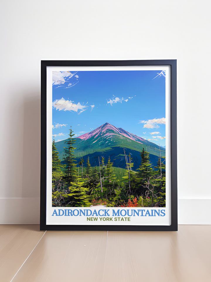 Bring the majestic view of Mount Marcy into your living space with this Adirondack travel print featuring a calming city color palette perfect for any home or office