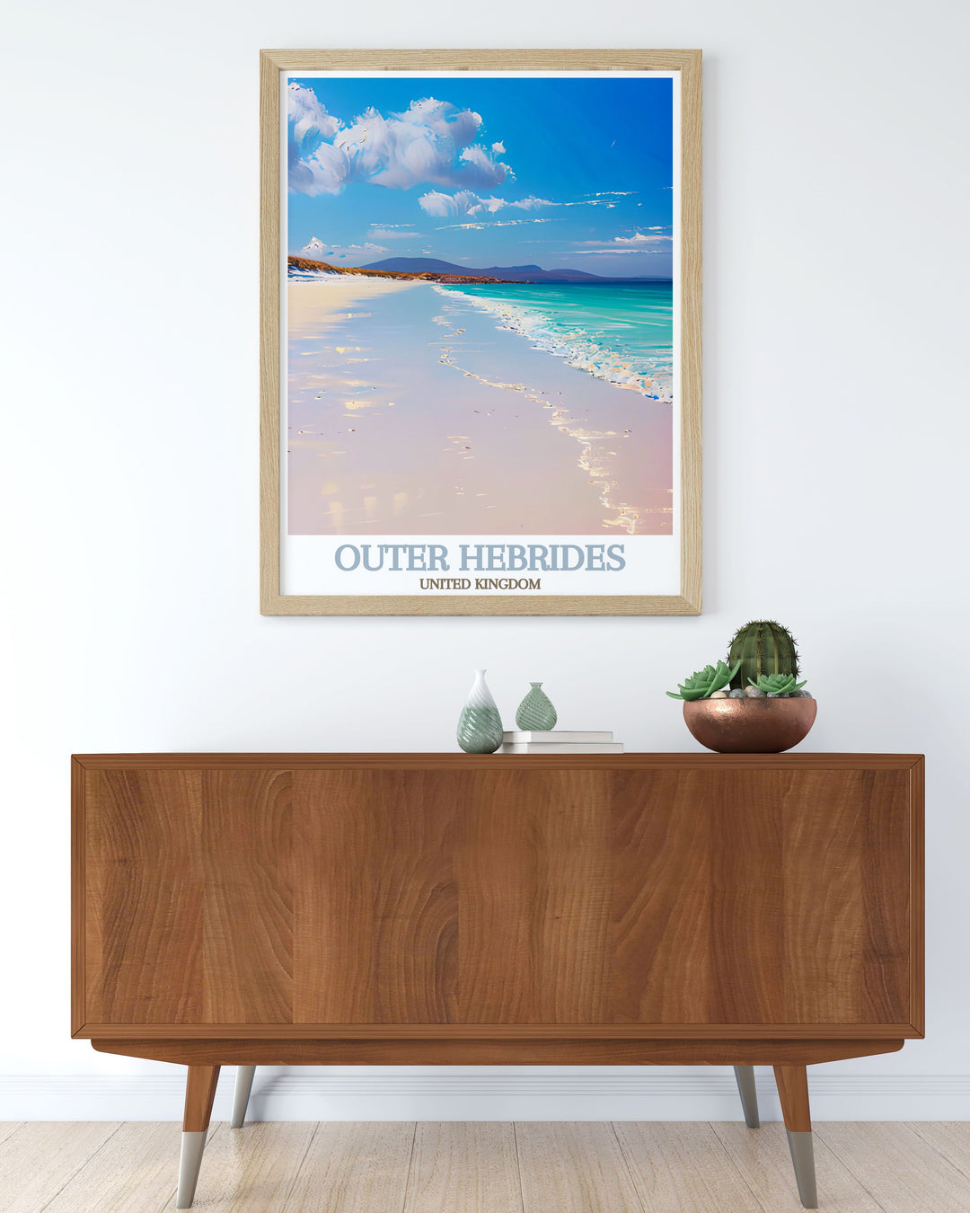 Elegant home decor with Benbecula poster and Luskentyre Beach print ideal for creating a serene and captivating atmosphere in any room