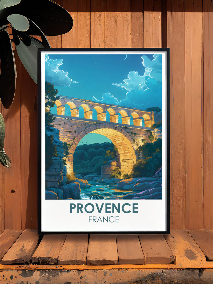 Capture the intricate details of the Pont du Gard with this art print, illustrating the impressive structure and its harmonious blend with the natural Provencal scenery.