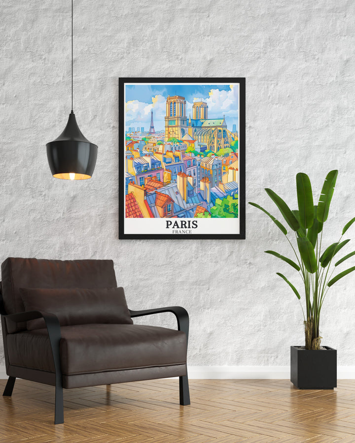 Beautiful Paris Decor print featuring the Eiffel Tower and Notre Dame Cathedral. This vibrant wall art adds a splash of color to any room and makes a perfect personalized gift.