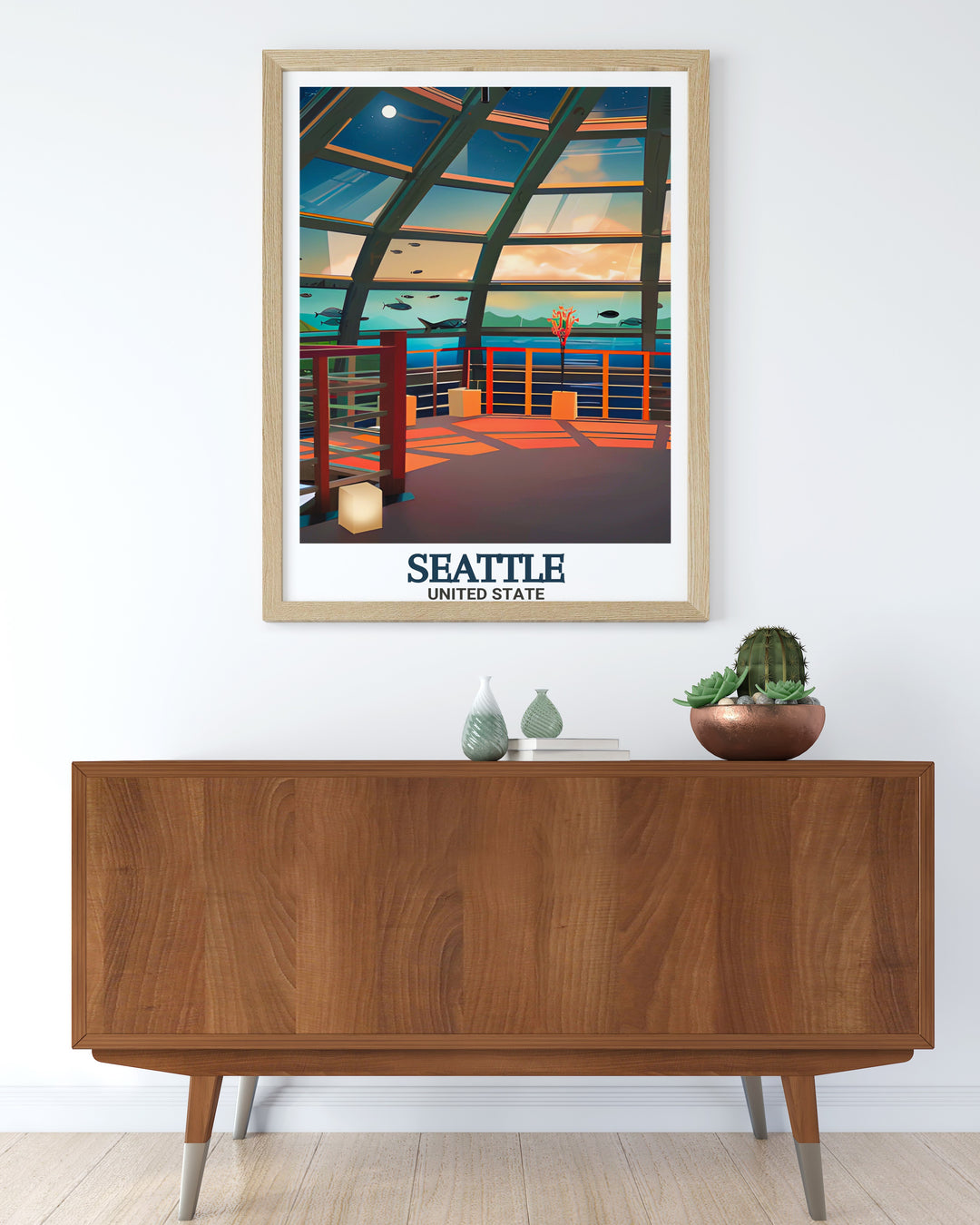 Washington poster featuring Seattles stunning skyline and surrounding waters, highlighting the citys famous architecture. This art print offers a piece of Seattles urban and natural beauty, perfect for home or office decor.