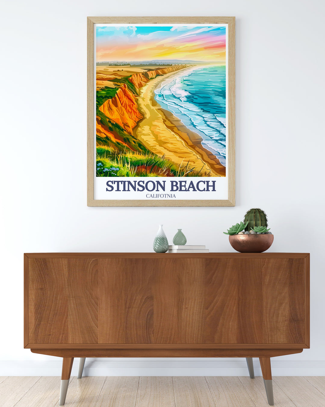 A beautiful travel poster featuring the Pacific Oceans expansive horizon and the golden sands of Stinson Beach. The illustration brings to life the coastal charm of Marin County, making it a perfect gift or home decor piece for ocean lovers and fans of Californias scenic beaches.