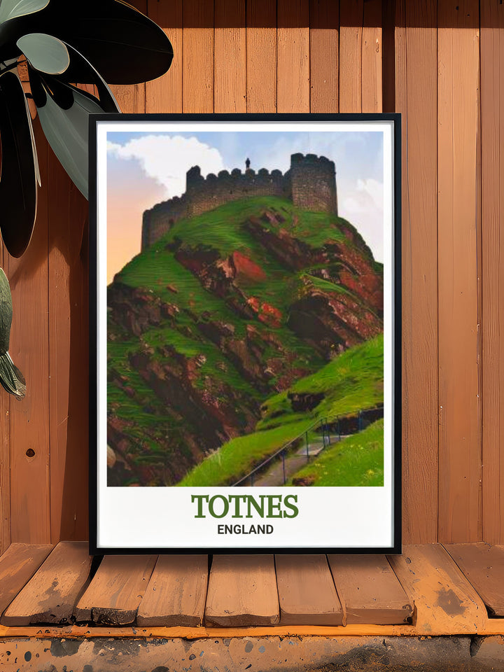 England travel print featuring Totnes Castle, highlighting the castles unique features and the picturesque landscape of Devon. This print is perfect for art and history lovers, making it a great gift for birthdays, anniversaries, or holidays.