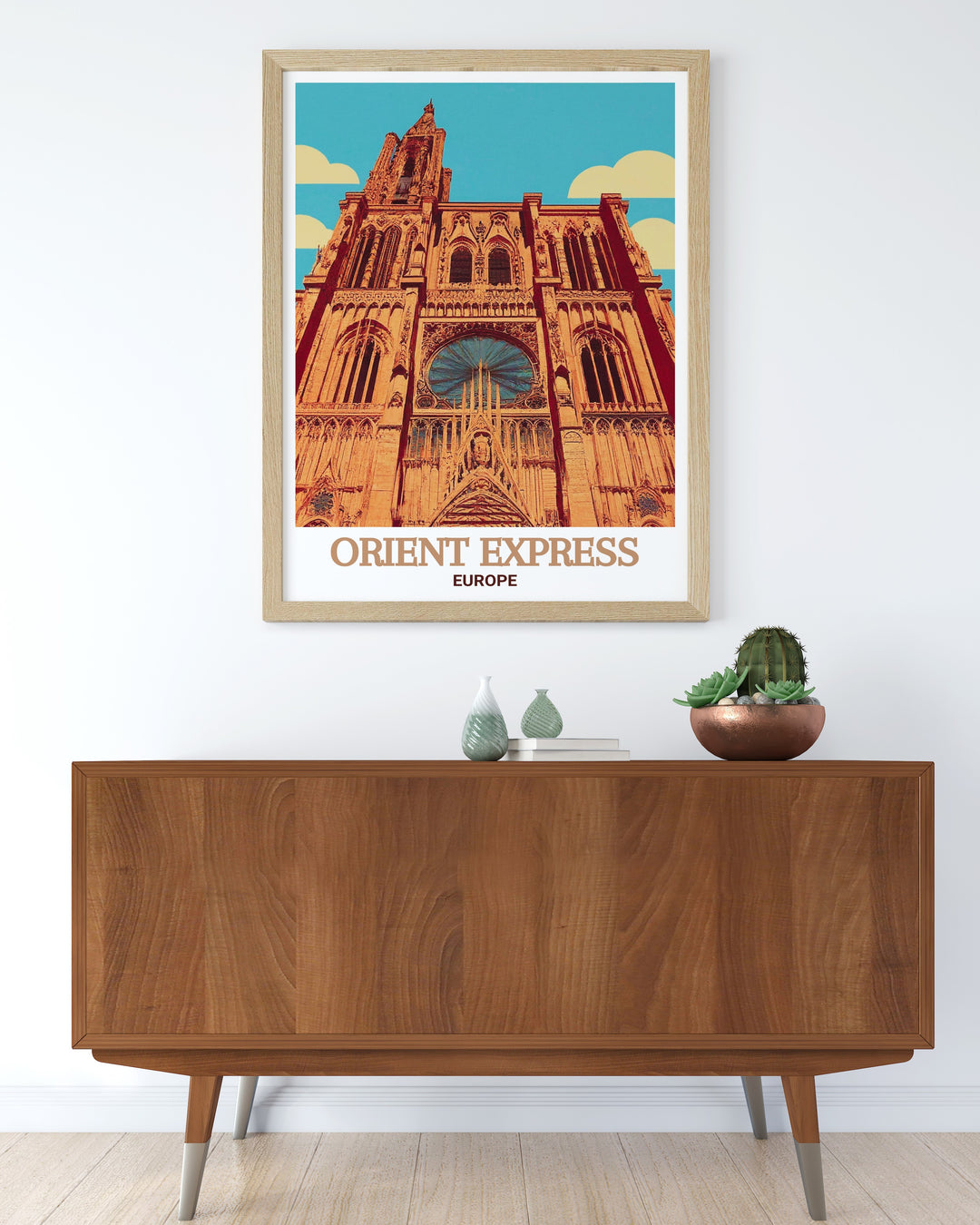 Immerse yourself in the luxury and mystery of the Orient Express with this detailed poster print, capturing the trains iconic design and the breathtaking beauty of Strasbourg Cathedral. The artwork combines the elegance of historic train travel with the architectural grandeur of one of Europes most famous cathedrals.