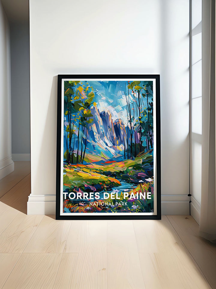 Glaciar Gray travel poster showcasing the stunning glacier in Torres Del Paine National Park Patagonia Chile. This vintage print captures the beauty of South American landscapes making it perfect for home decor or as a gift for travel enthusiasts.