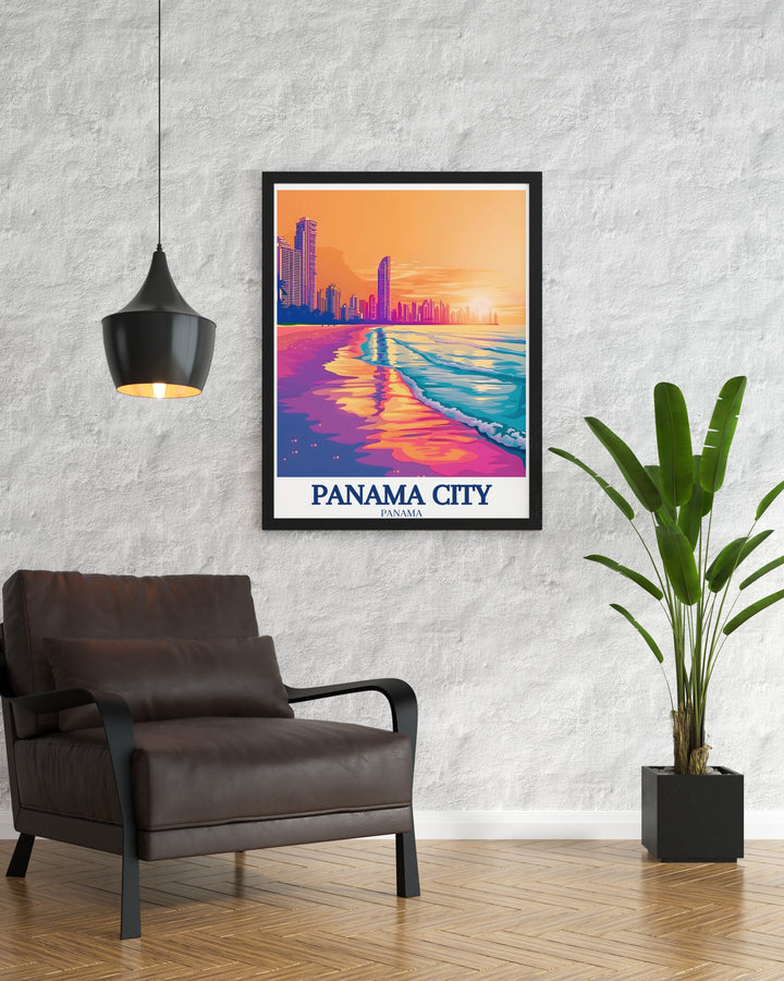 Beautiful travel print of Atlanta Ocean Panama City skyline ideal for beach wall art and enhancing any room with modern prints