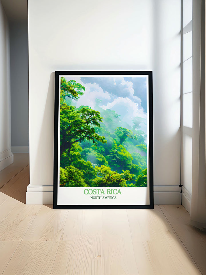 Scenic Costa Rica travel print showcasing the breathtaking views of Monteverde Cloud Forest and the vibrant beaches of Saint Teresa, making a perfect gift for anniversaries or birthdays. Brings the beauty of Costa Rica into your home.