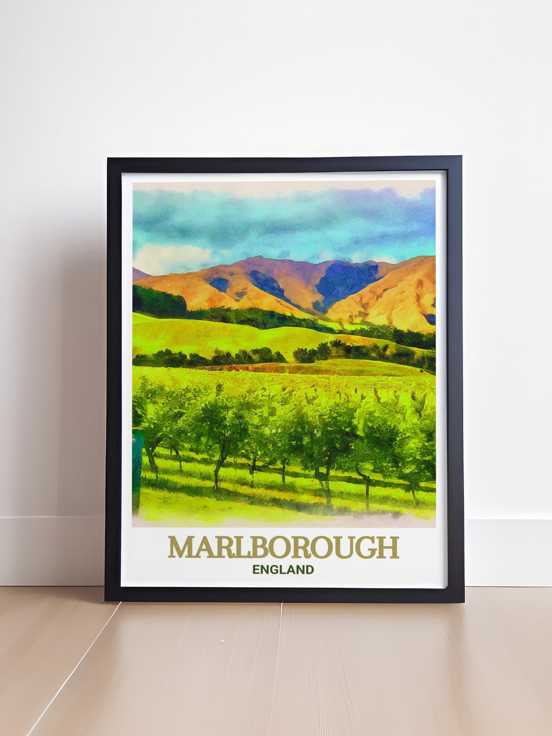 Decorative art print of Cloudy Bay Vineyards in Marlborough, capturing the essence of this iconic New Zealand destination. Ideal for enhancing your home with natural beauty. The vibrant imagery provides a glimpse into the serene landscapes of Marlborough.