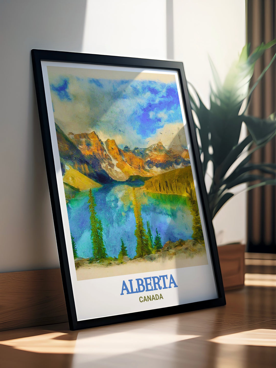 Alberta travel poster of Banff National Park, capturing the majestic landscapes and diverse wildlife. This print is perfect for decorating your home with a piece of Canadas natural heritage.