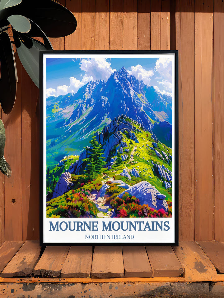 This vibrant art print of the Mourne Mountains highlights the areas diverse landscapes and rich biodiversity, making it a standout piece for those who appreciate scenic outdoor environments.