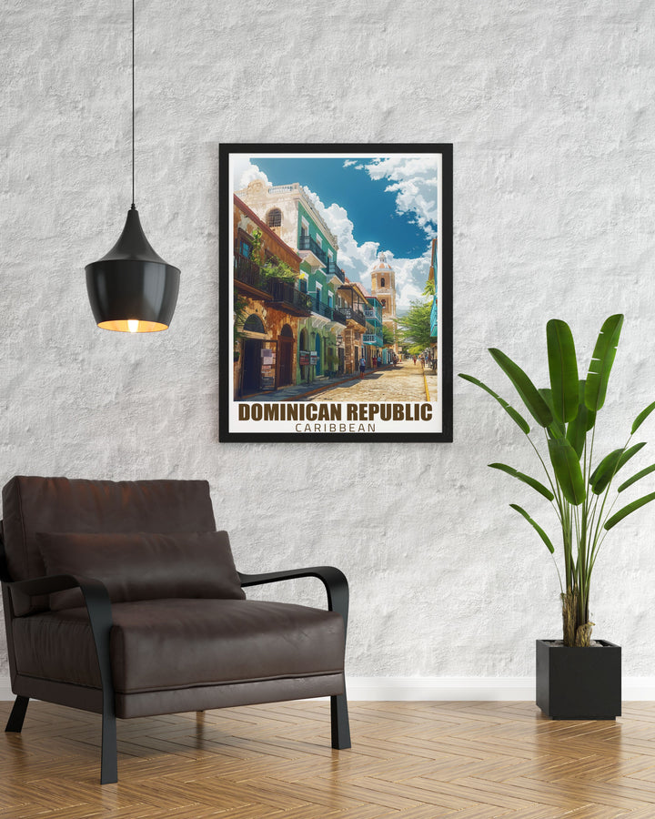 City art print of the Colonial District of Santo Domingo showcasing the unique blend of Spanish colonial architecture and Caribbean flair ideal for home decor