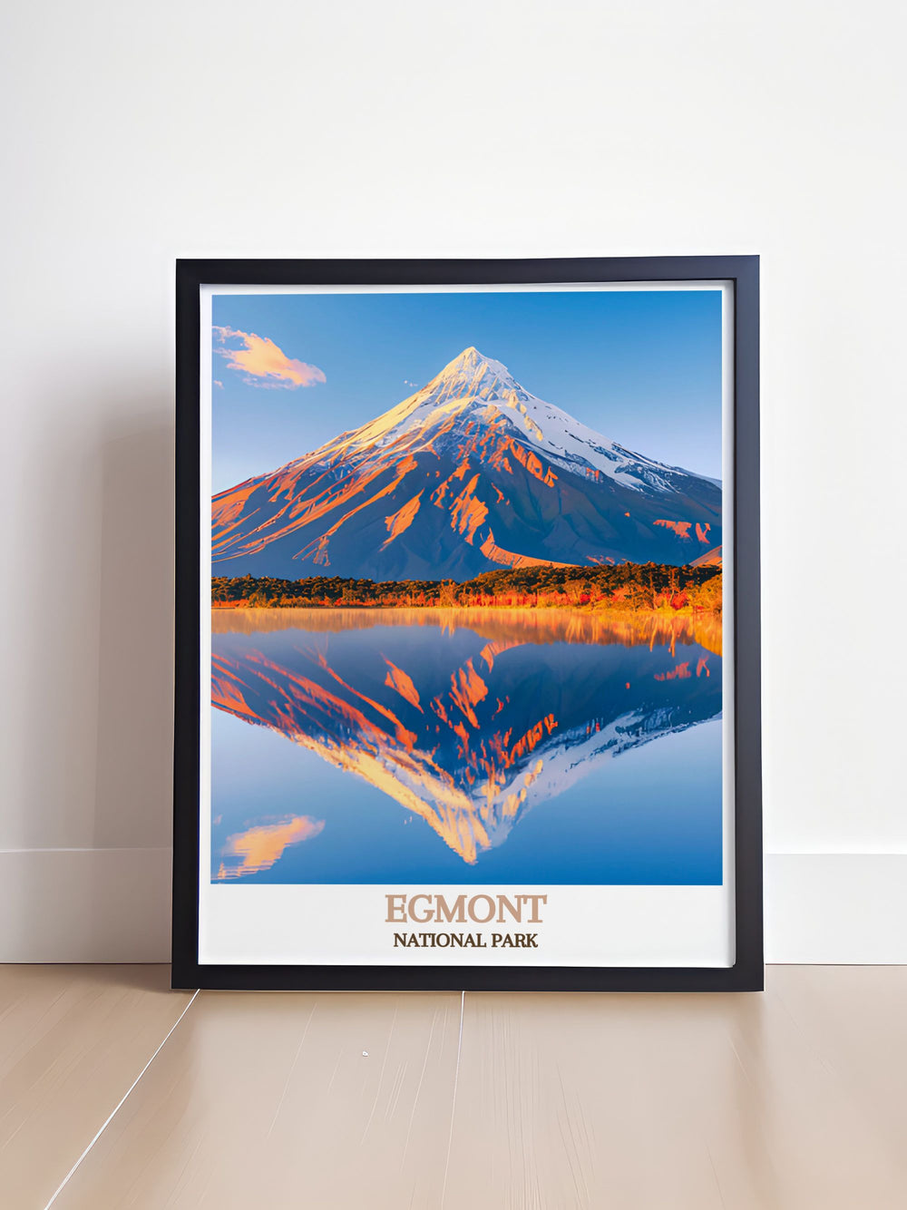 Framed art depicting the panoramic views from Mount Taranaki, showcasing the stunning natural beauty of New Zealands North Island.