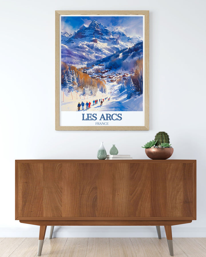 Paradiski ski area Mont Blanc poster featuring dynamic snowboarding scenes in Les Arcs beautifully illustrated to bring the magic of the French Alps into your home