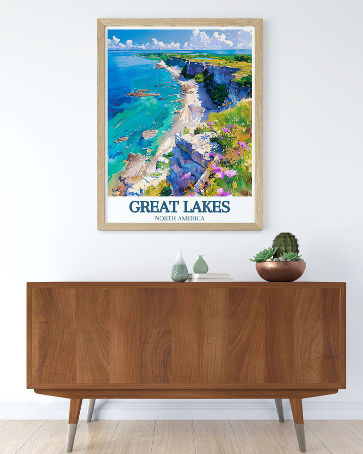 Capturing the vast and serene beauty of the Great Lakes, this travel poster features Lake Eries calm waters and stunning sunsets, adding a scenic touch to any space.