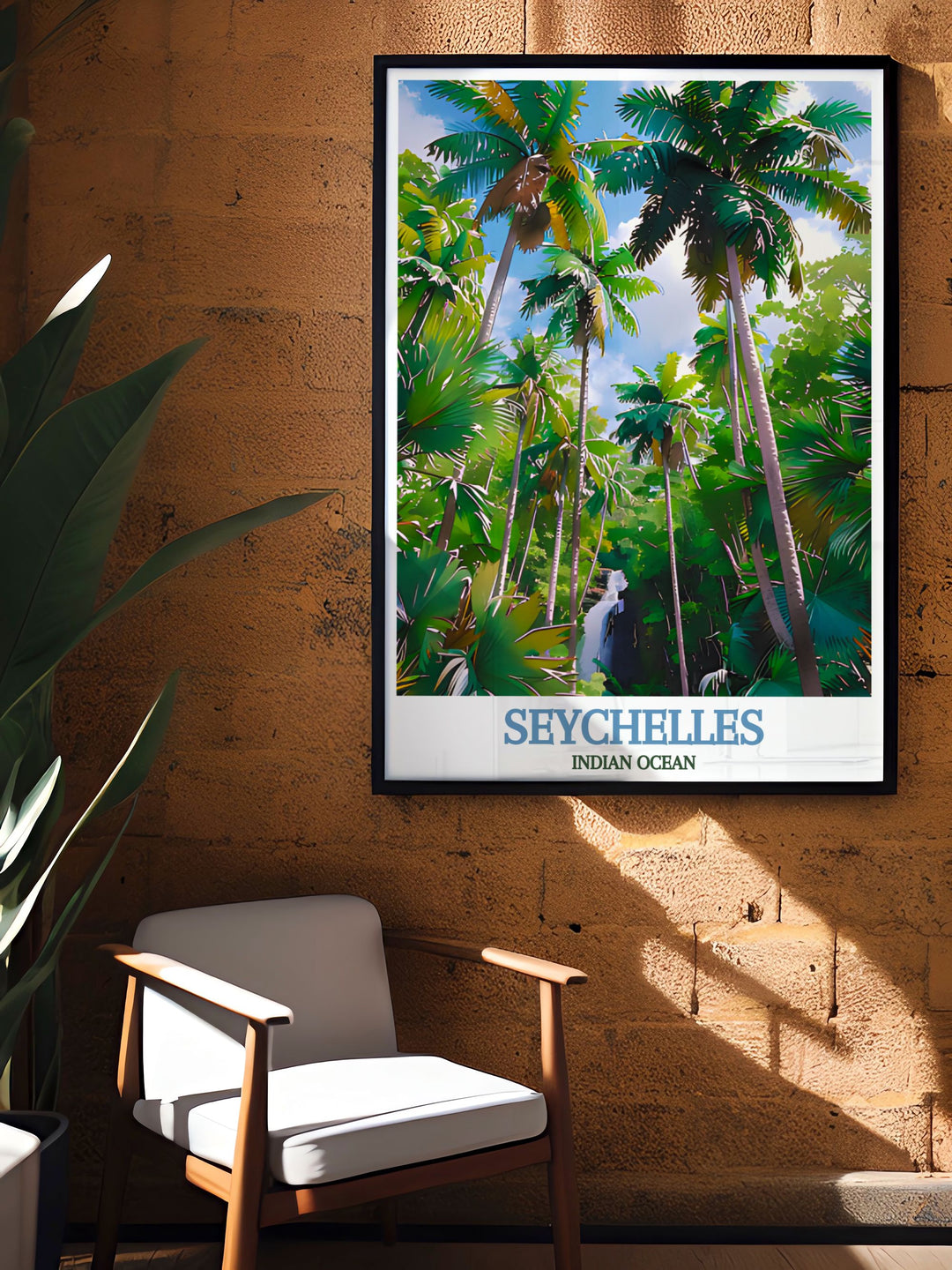 The iconic Vallée de Mai and the serene waters of the Indian Ocean are beautifully illustrated in this poster, offering a unique view of Seychelles, perfect for art lovers and travel enthusiasts.