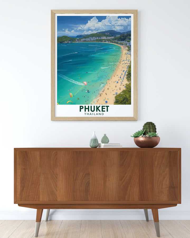 Patong Beach vintage print highlighting the iconic beach scenes of Thailand perfect for those who appreciate classic travel art and want to bring a piece of Patong Beachs charm into their homes great for any room