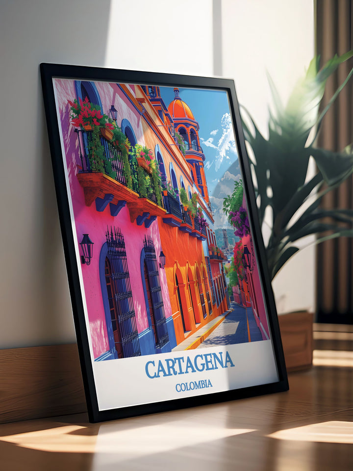 Highlighting the vibrant life of Barrio Getsemaní, this travel poster showcases its colorful graffiti and bustling streets. Perfect for art lovers and urban explorers, this artwork brings the dynamic energy of Cartagena into your home.