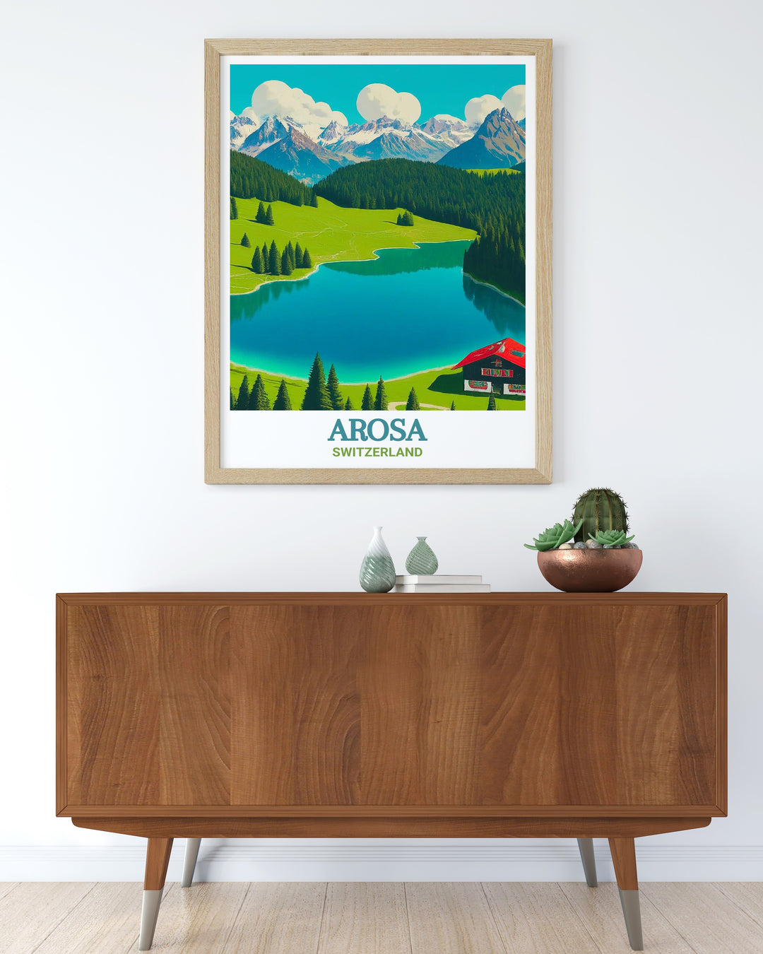 Arosa Framed Art illustrating the charm and elegance of one of Switzerlands premier alpine resorts. The vintage style poster captures the essence of Arosas winter sports culture and stunning landscapes, making it a timeless piece for any wall decor