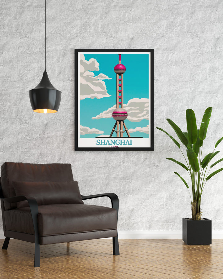 This Shanghai poster print showcases the stunning skyline of one of Chinas most iconic cities, with the Oriental Pearl Tower standing tall. The modern cityscape combined with traditional Chinese elements makes this travel print a perfect addition to any global themed decor.